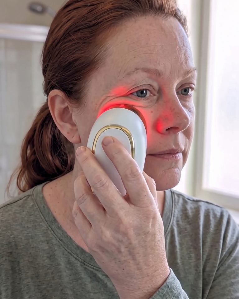 Woman using the DepuffCup with red light on her cheek at home