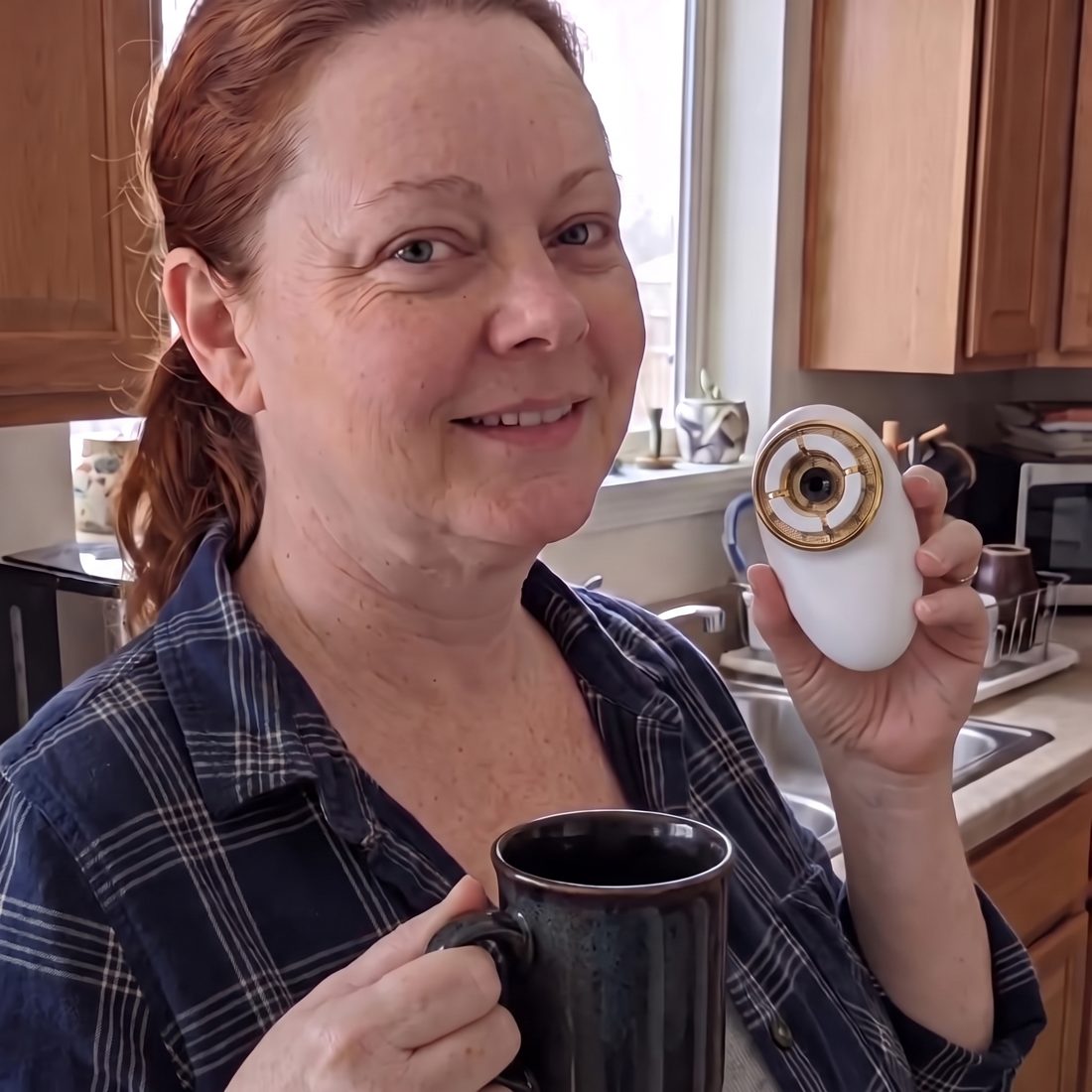 Woman in her kitchen in the morning with her DepuffCup