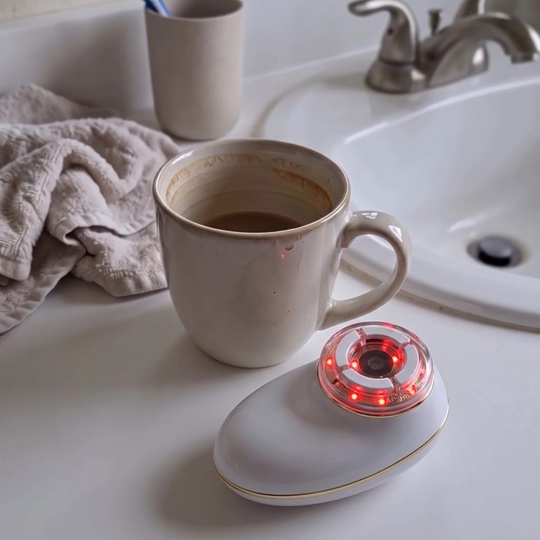 The DepuffCup by the bathroom sink next to a morning coffee