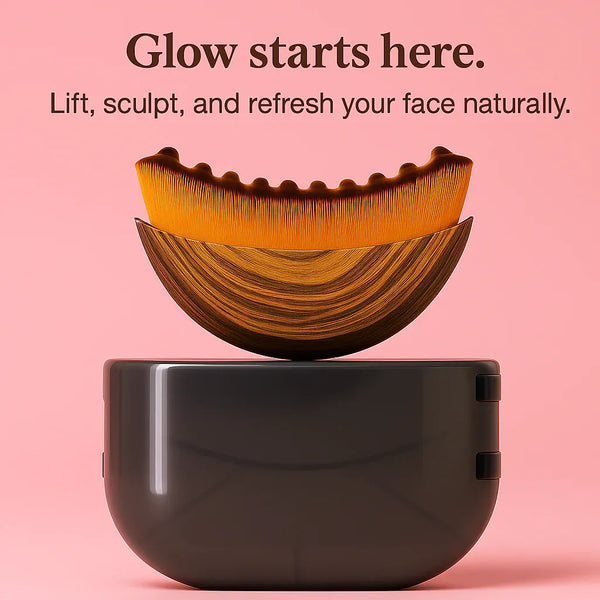 Beauty device with wooden design on a pink background, featuring text about facial care.