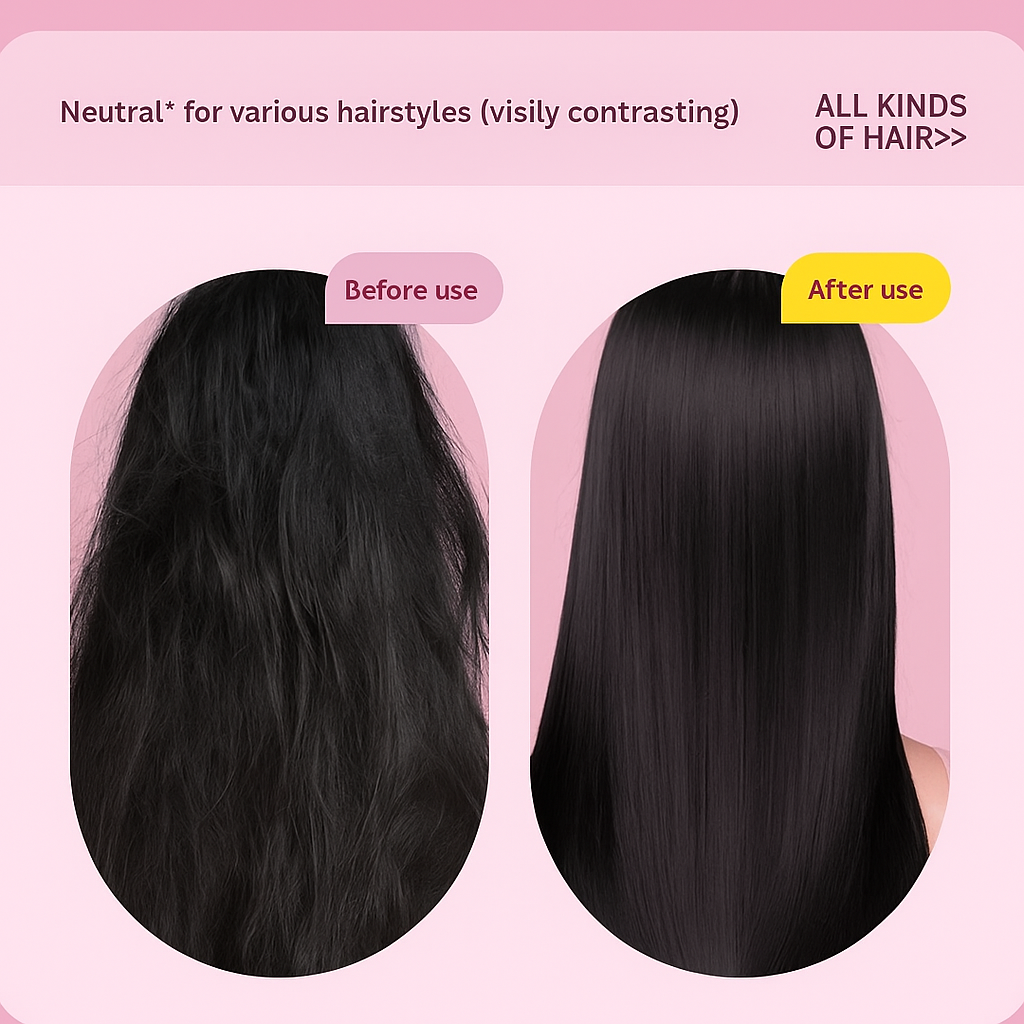 Before and after comparison of hair using a neutral product on a pink background