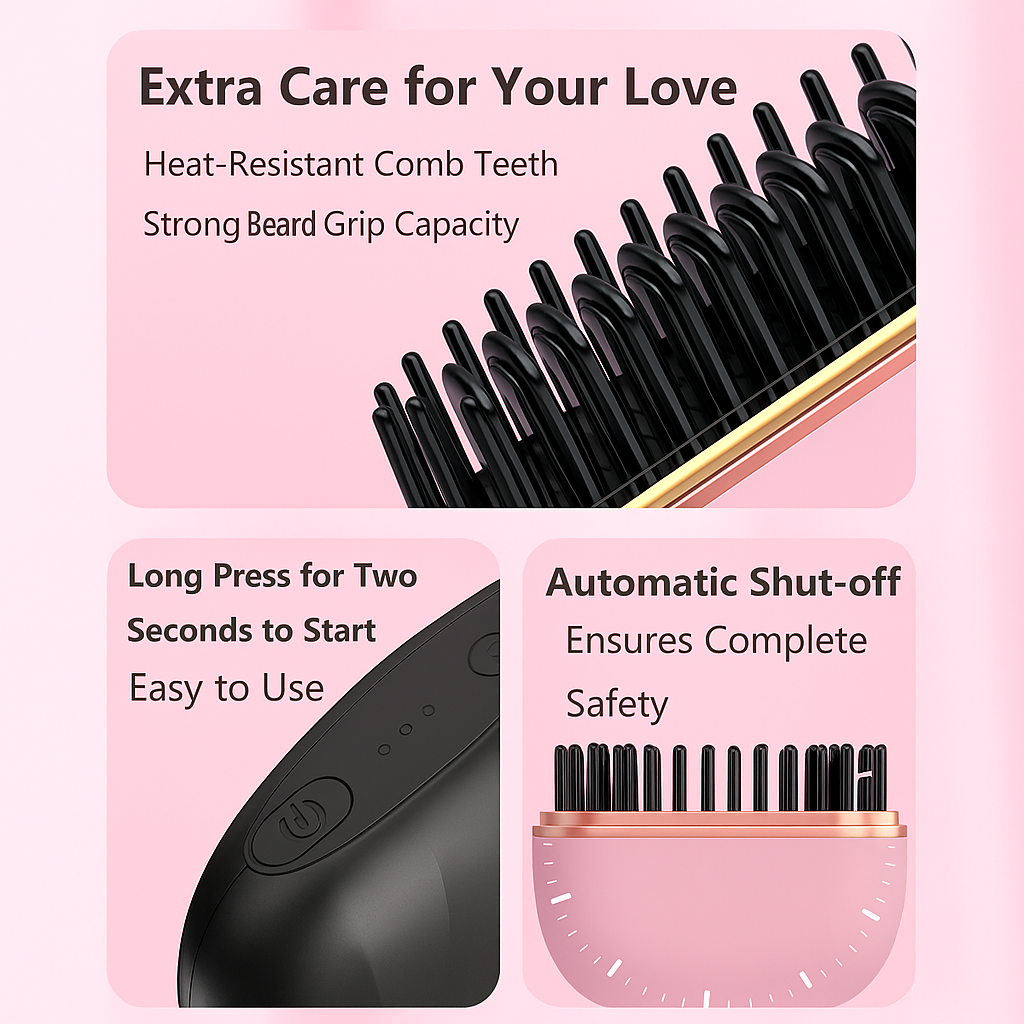 Black beard trimmer with features highlighted on a pink background