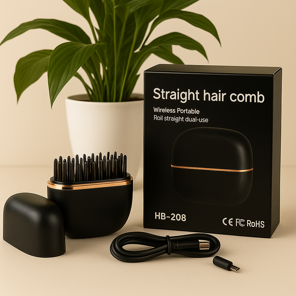 Black hair comb with packaging and accessories on a beige background