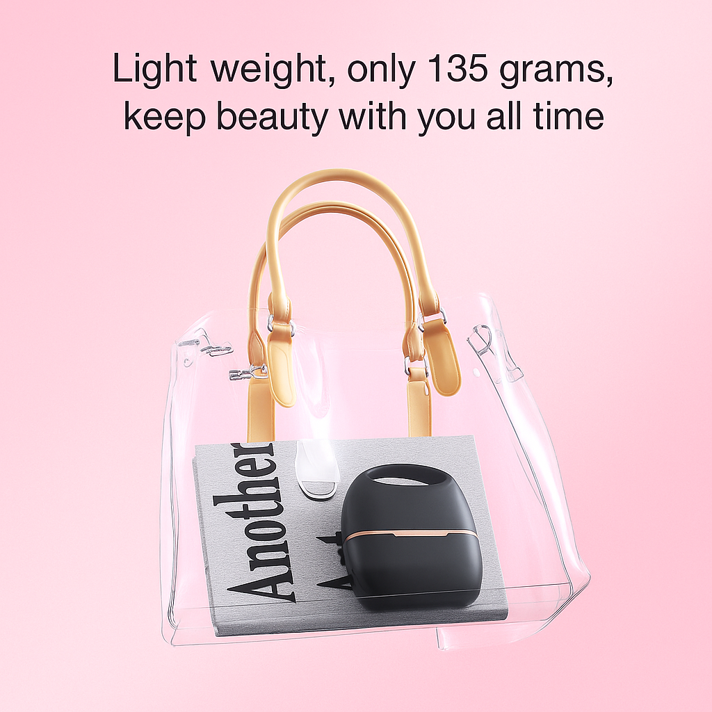 Clear handbag with gold handles on a pink background, featuring text about weight and product.