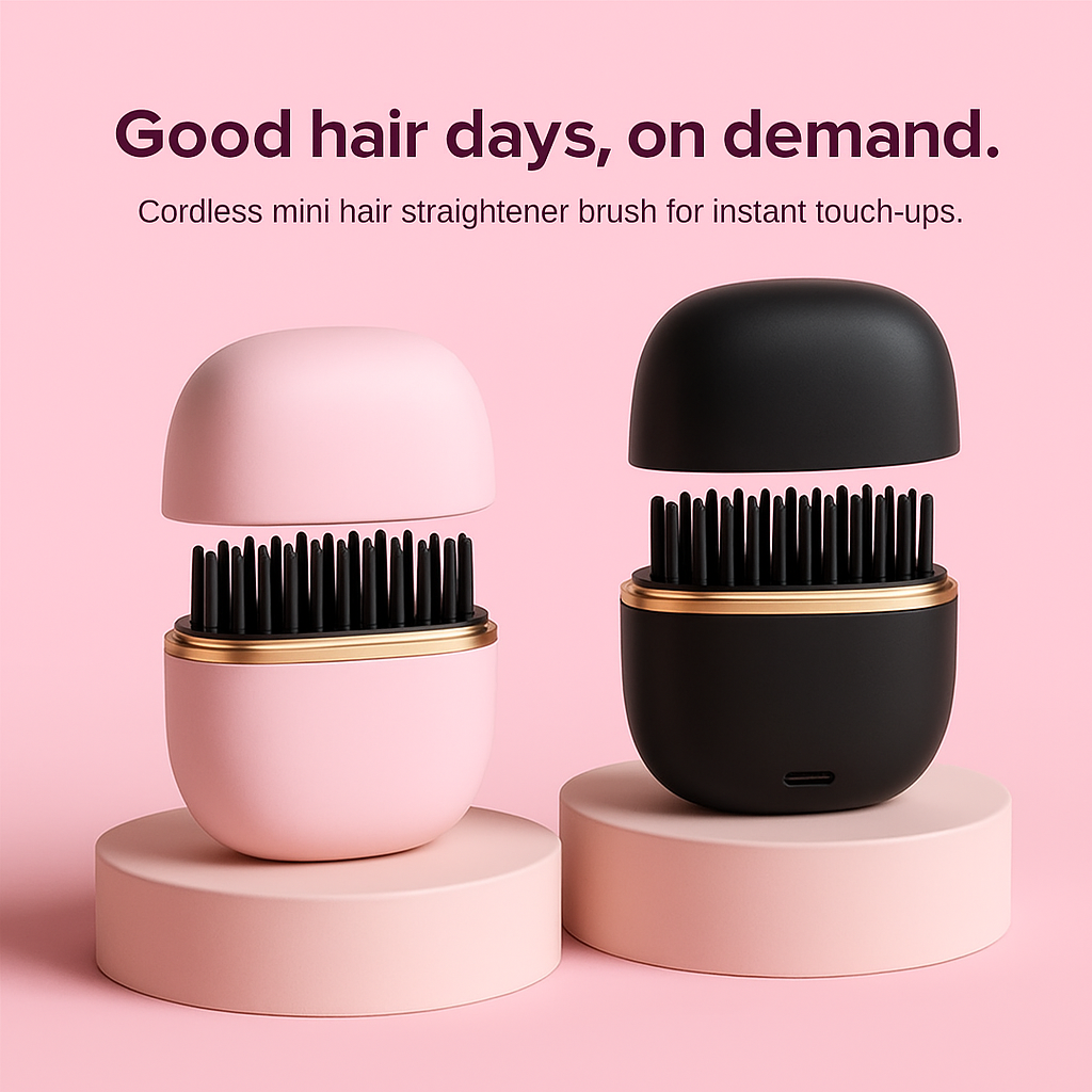 Cordless mini hair straightener brush in pink and black on a pink background with text 'Good hair days, on demand.'