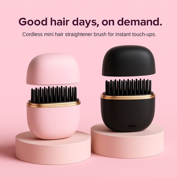 Cordless mini hair straightener brush in pink and black on a pink background with text 'Good hair days, on demand.'