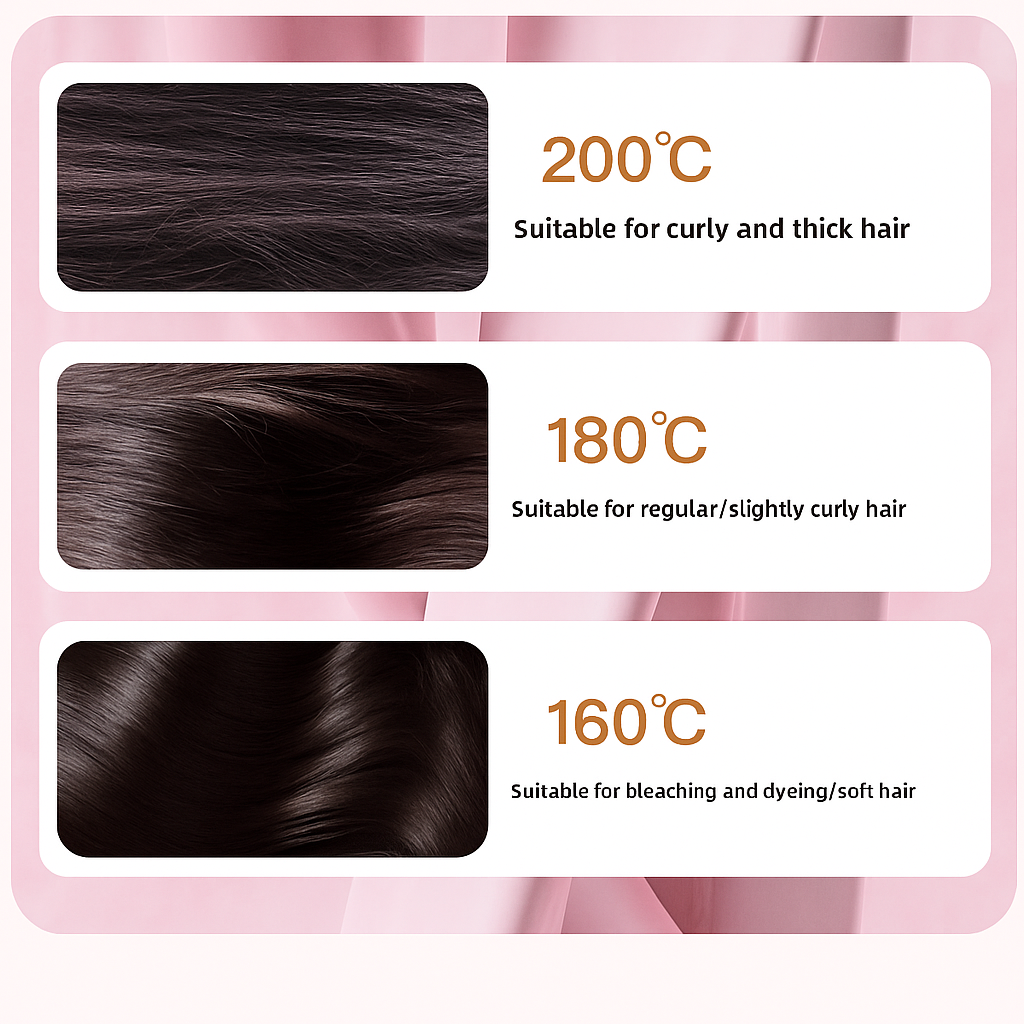 Hair styling chart with temperature recommendations for different hair types on a pink background.