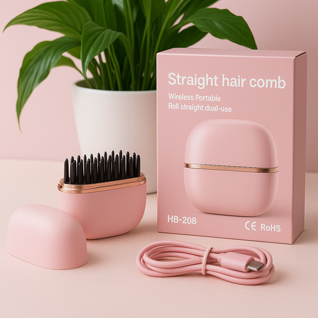 Pink hair comb with packaging, plant, and cable on a pink background