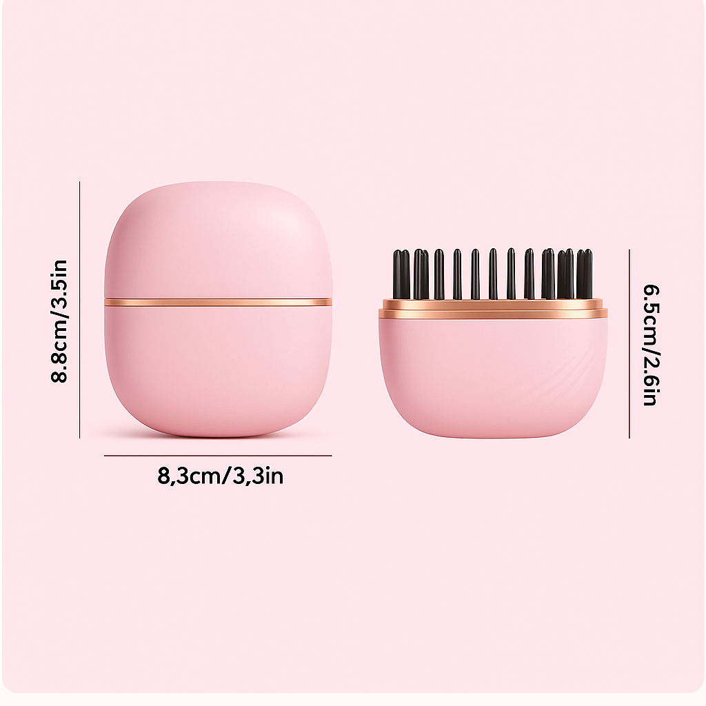 Pink hairbrush with measurements on a light pink background