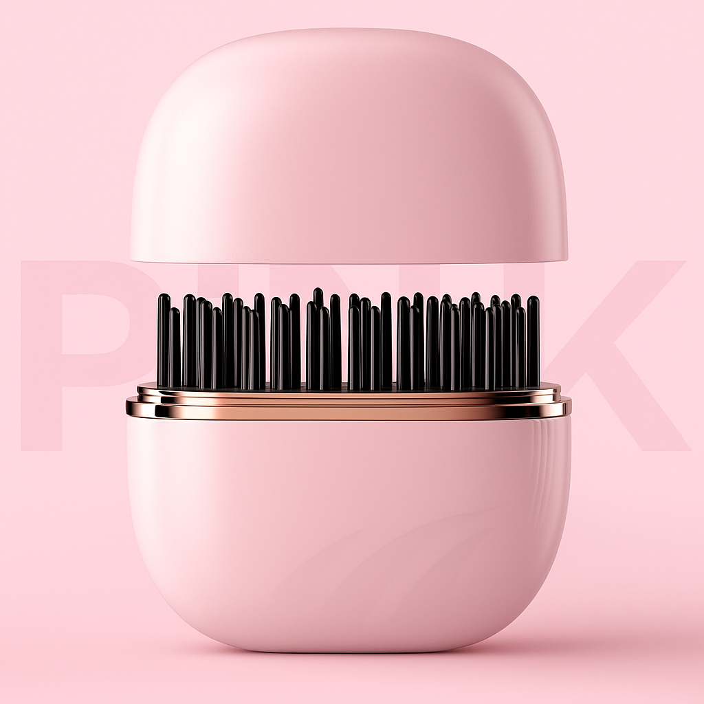 Pink scalp massager with black bristles on a pink background