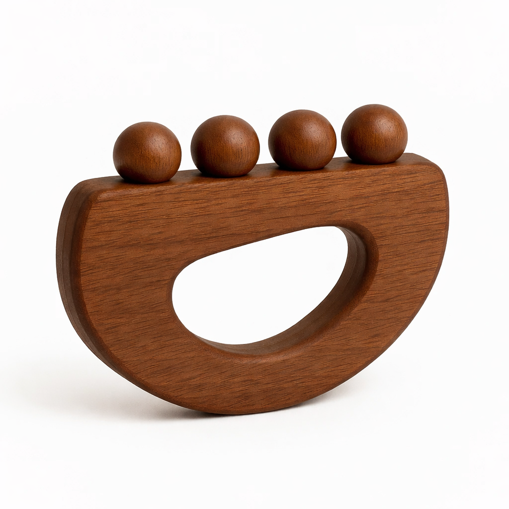 Wooden object with four spherical protrusions on a white background
